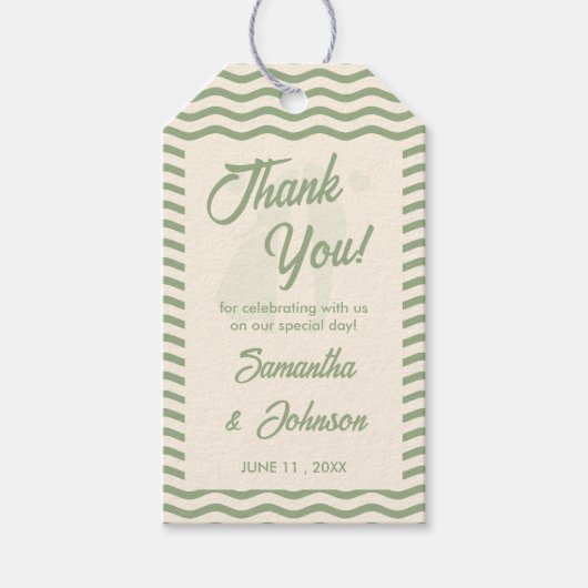 Modern Sage Green Wavy Stripe Wedding Thank You ギフトタグ (正面)