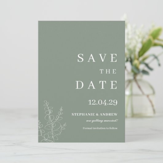 Modern Sage Green Wedding Minimalist Save the Date 招待状 (スタンド正面)