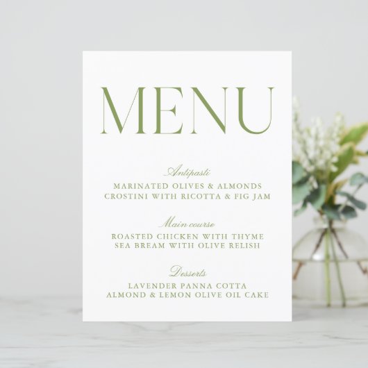 Modern Sage Green & White Menu (スタンド正面)