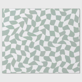 Modern Sage Green & White Wavy Checkerboard ラッピングペーパー