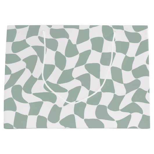 Modern Sage Green & White Wavy Checkerboard ラージペーパーバッグ (正面)
