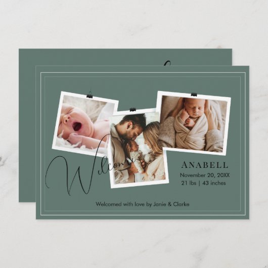 Modern Sage Green Zigzag 3 Photo Collage Birth  案内状 (正面/裏面)