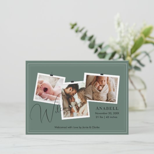 Modern Sage Green Zigzag 3 Photo Collage Birth 案内状 (スタンド正面)