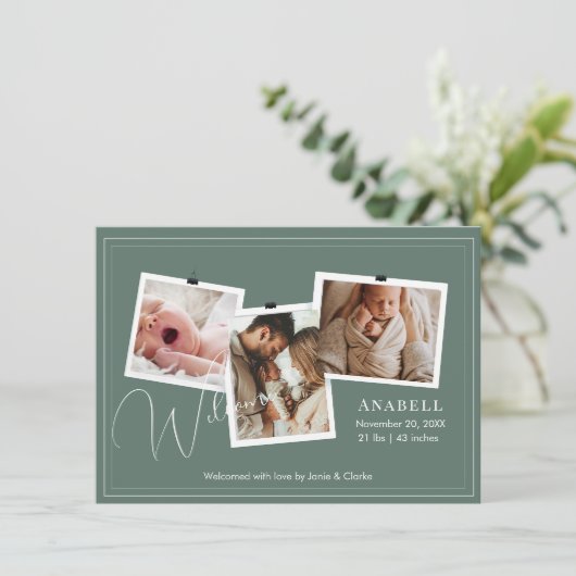 Modern Sage Green Zigzag 3 Photo Collage Birth 案内状 (スタンド正面)