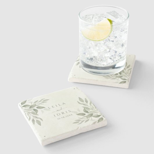 Modern Sage Greenery Botanical Stone Coaster ストーンコースター (横)