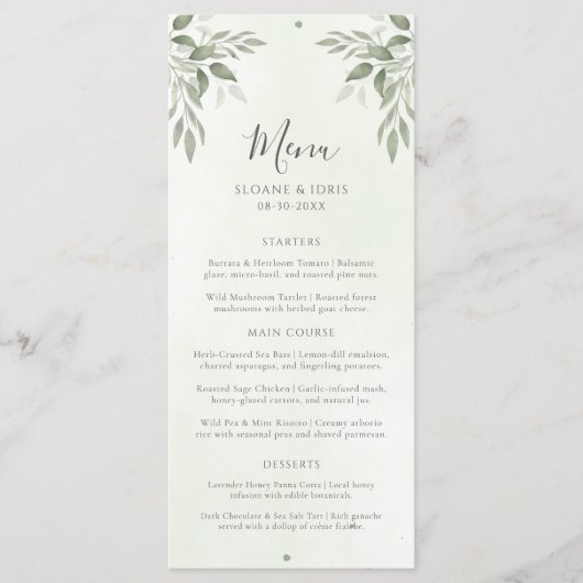 Modern Sage Greenery Botanical Wedding Menu メニュー (正面)