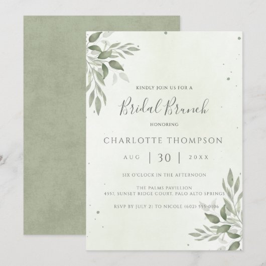 Modern Sage Greenery Chic Bridal Brunch Invite セーブザデート (正面/裏面)