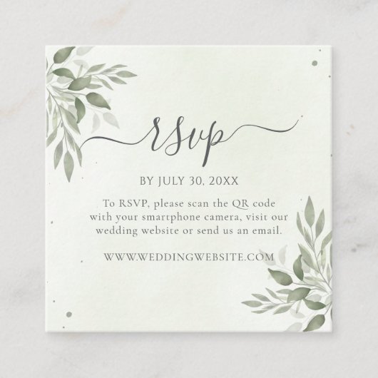 Modern Sage Greenery Square QR Code RSVP  エンクロージャーカード (正面)