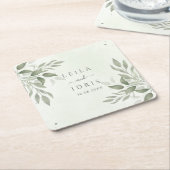 Modern Sage Greenery Wedding Coasters スクエアペーパーコースター (アングル)