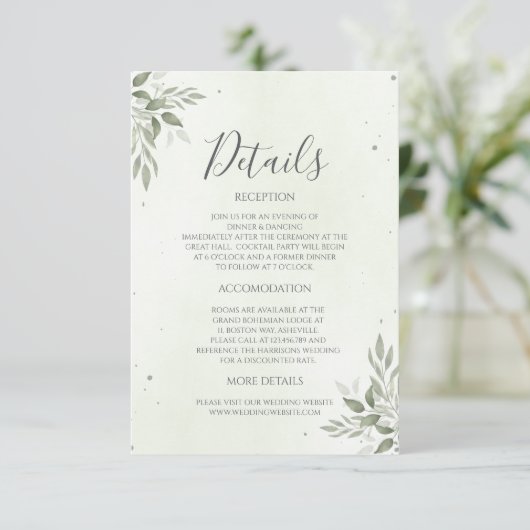 Modern Sage Greenery Wedding Details Card (スタンド正面)