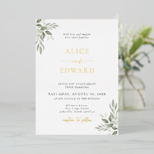 Modern Sage Greenery Wedding Foil Invitation Card 箔招待状 (立ち正面)