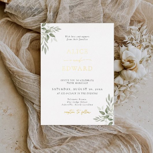 Modern Sage Greenery Wedding Foil Invitation Card 箔招待状