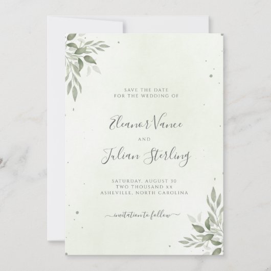Modern Sage Greenery Wedding Save The Date セーブザデート (正面)