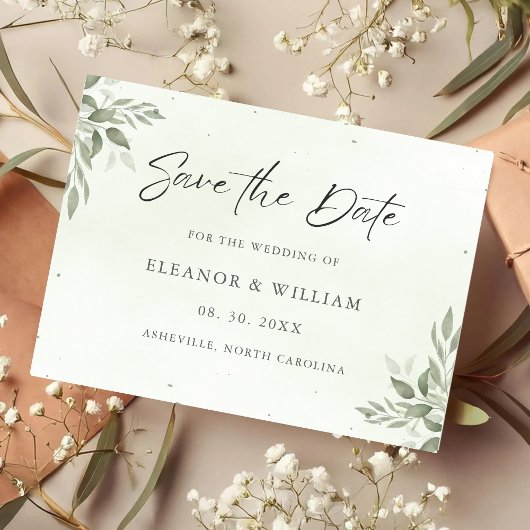 Modern Sage Greenery Wedding Save the Date Card セーブザデート