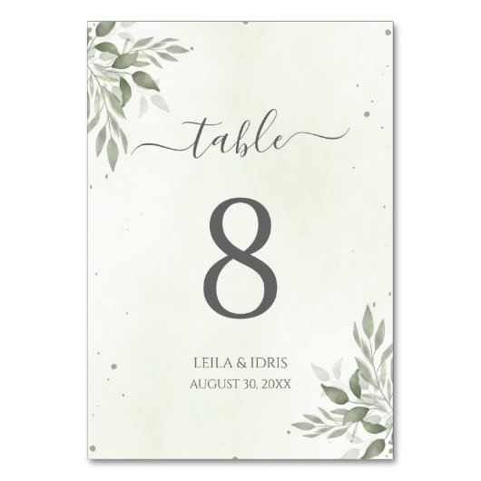 Modern Sage Greenery Wedding Table Numbers テーブルナンバー (正面)
