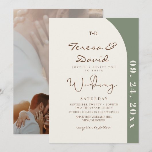 Modern Sage Photo Wedding 招待状 (正面/裏面)