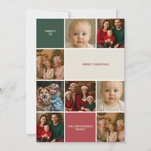 Modern Sage RED Photo collage merry Christmas シーズンカード (正面)
