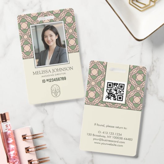 Modern Sage Rose Botanical Photo ID Badge QR バッジ (オフィス)