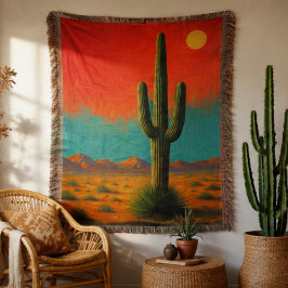 Modern Saguaro Cactus Desert Landscape Red Orange スローブランケット