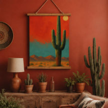 Modern Saguaro Cactus Desert Landscape Red Orange 