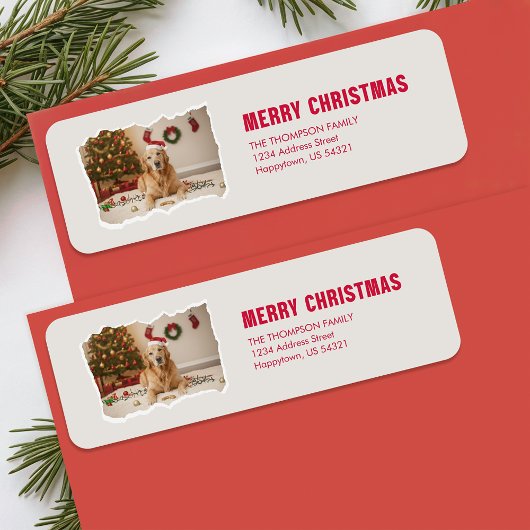 Modern Santa Dog Photo Christmas Return Address ラベル