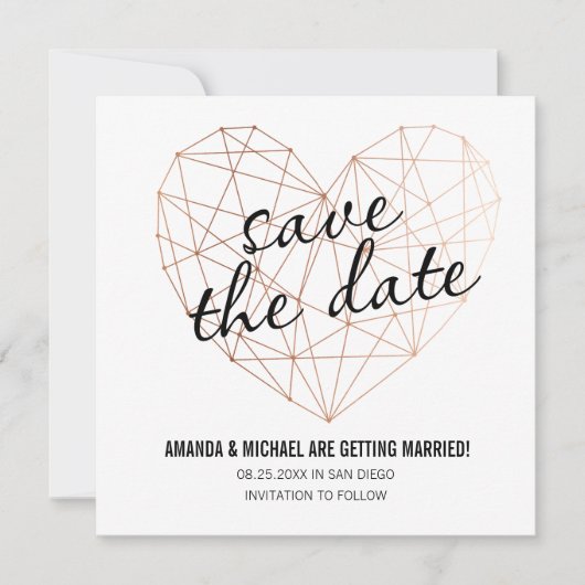 Modern Save the Date Geometric Rosegold Heart セーブザデート (正面)