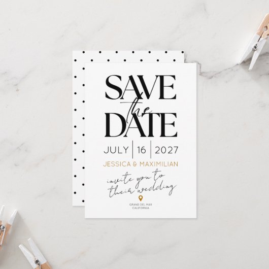 Modern save the date with gold accents カード (正面/裏面インサイチュ)
