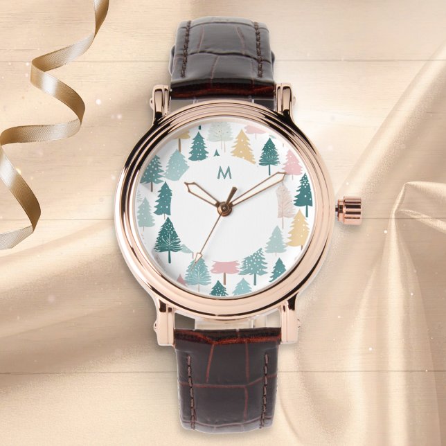 Modern Scandi Christmas Tree Pattern Monogram 腕時計 (An elegant monogrammed wristwatch with Scandi-style modern Christmas trees pattern in pastel colors)