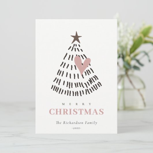 Modern Scandi Minimal Blush Heart Christmas Tree シーズンカード (スタンド正面)