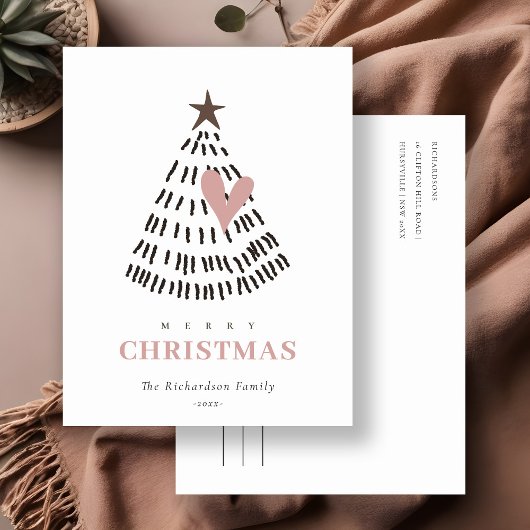 Modern Scandi Minimal Blush Heart Christmas Tree シーズンポストカード