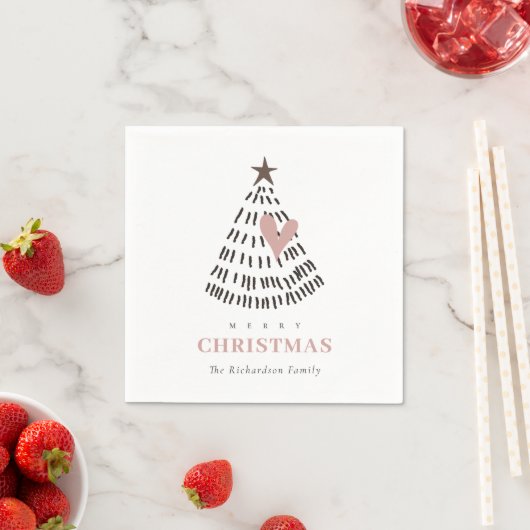Modern Scandi Minimal Blush Heart Christmas Tree スタンダードカクテルナプキン (インサイチュ)