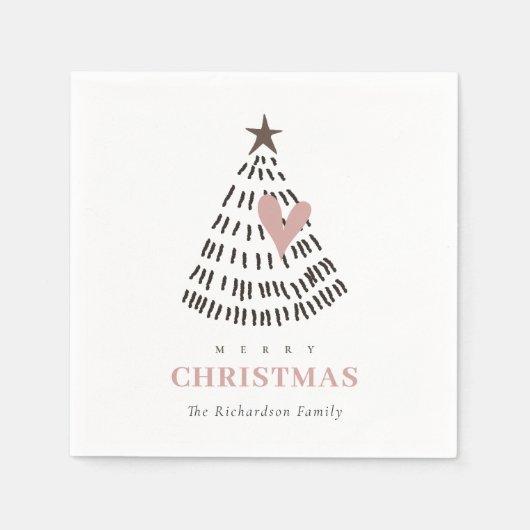 Modern Scandi Minimal Blush Heart Christmas Tree スタンダードカクテルナプキン (正面)