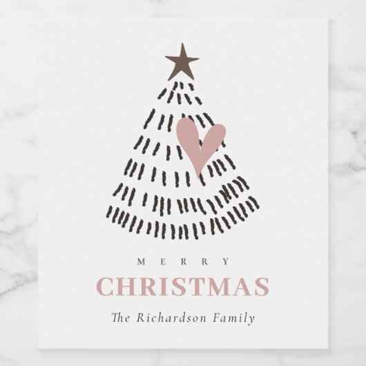 Modern Scandi Minimal Blush Heart Christmas Tree ワインラベル (シングルラベル)