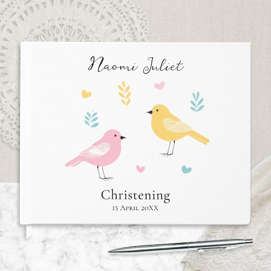 Modern Scandi Pastel Birds Baby Girl Christening ゲストブック