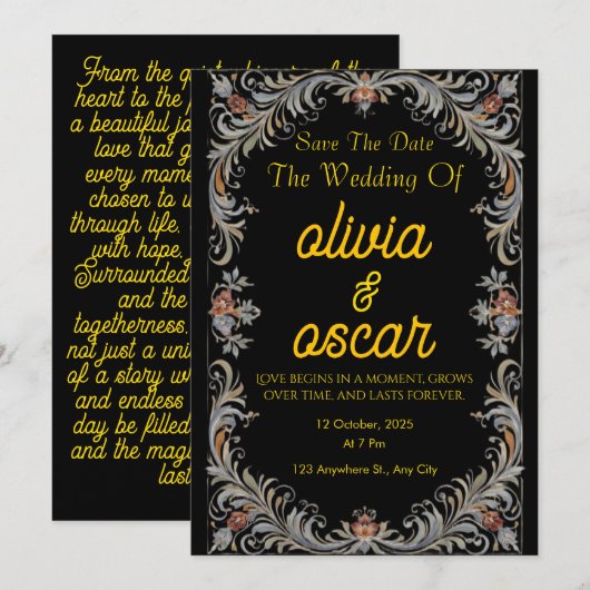 Modern Scandinavian Rosemaling Wedding Invitation  招待状 (正面/裏面)