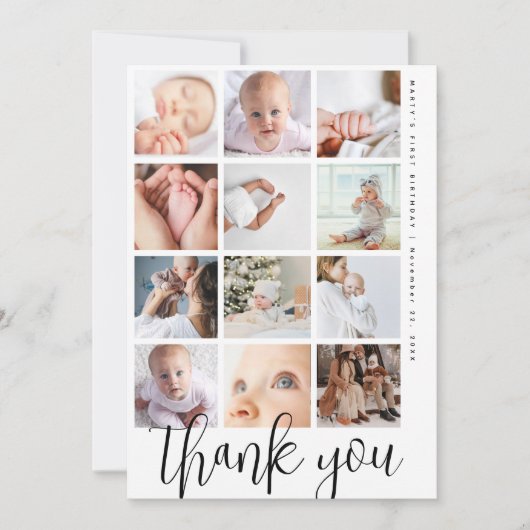 Modern Script 12 Photo Collage First Birthday サンキューカード (正面)