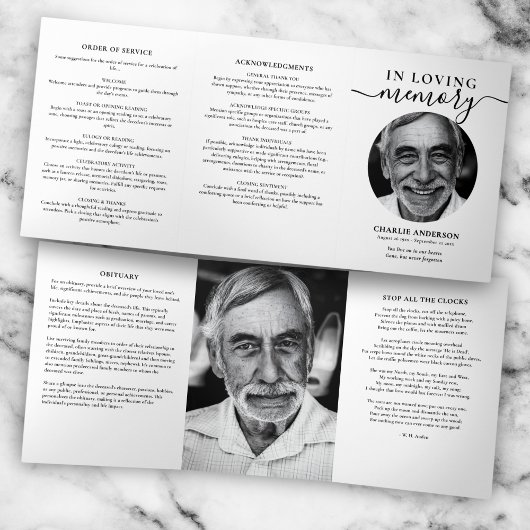 Modern Script 2-Photo Trifold Funeral Program 三つ折りプログラム