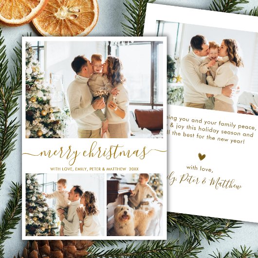 Modern Script 3 Photo Collage Gold White Christmas シーズンカード