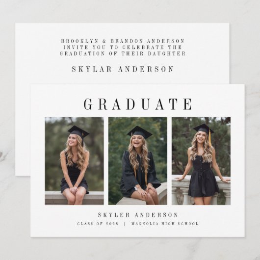 Modern Script 3 Photo Collage Graduation  招待状 (正面/裏面)