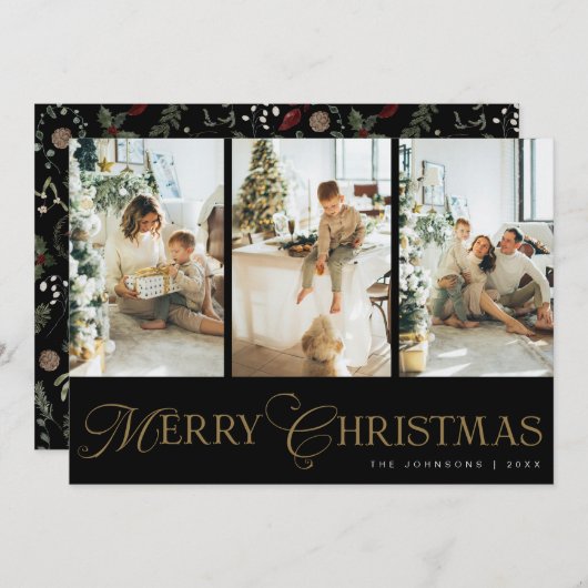 Modern Script 3 Photo Collage Merry Christmas シーズンカード (正面/裏面)