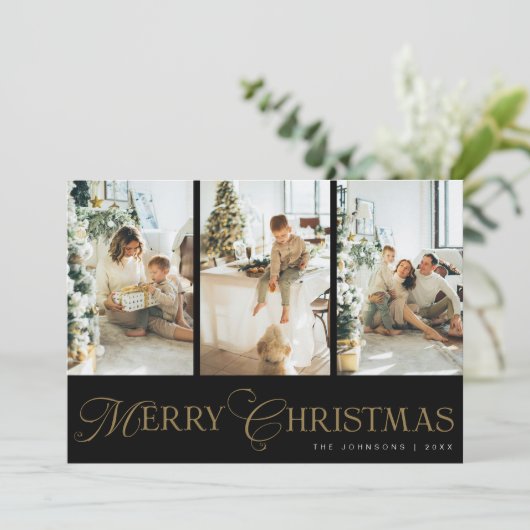 Modern Script 3 Photo Collage Merry Christmas シーズンカード (スタンド正面)