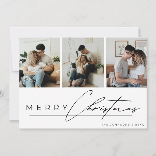 Modern Script 3 Photo Collage Merry Christmas シーズンカード (正面)