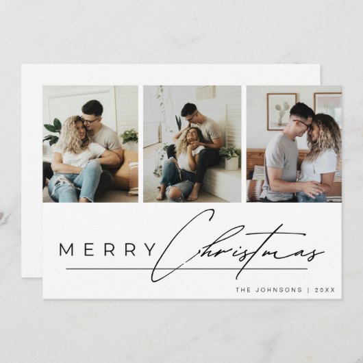 Modern Script 3 Photo Collage Merry Christmas シーズンカード (正面/裏面)