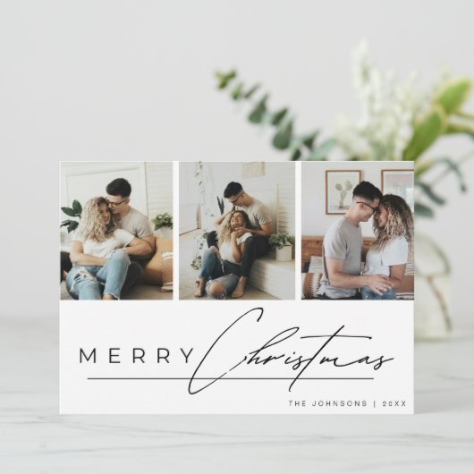 Modern Script 3 Photo Collage Merry Christmas シーズンカード (スタンド正面)