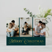 Modern Script 3 Photo Collage Merry Christmas 箔シーズンカード (立ち正面)