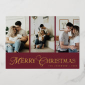 Modern Script 3 Photo Collage Merry Christmas 箔シーズンカード (正面)