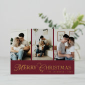 Modern Script 3 Photo Collage Merry Christmas 箔シーズンカード (立ち正面)