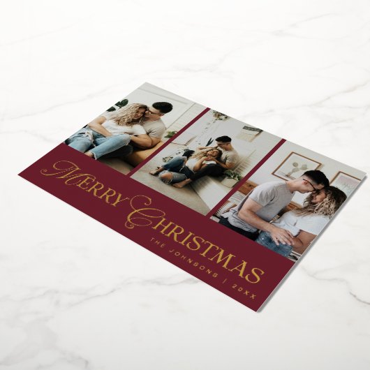 Modern Script 3 Photo Collage Merry Christmas 箔シーズンカード (回転した状態)