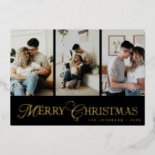 Modern Script 3 Photo Collage Merry Christmas 箔シーズンカード (正面)