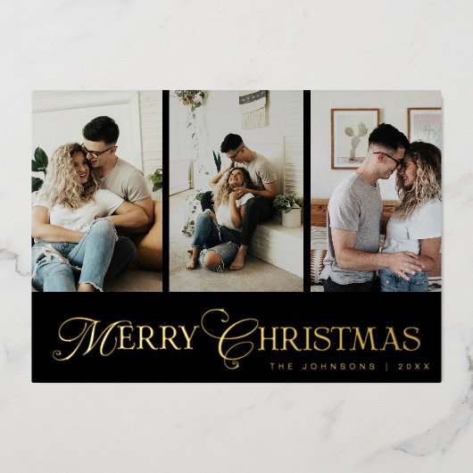 Modern Script 3 Photo Collage Merry Christmas 箔シーズンカード (正面)